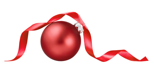 Christmas ornament isolated on white background. Red christmas ball with ribbon
