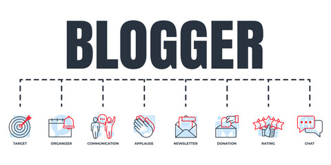 Blogger, blogging banner web icon set. chat, rating, donation, organizer, applause, newsletter, target, communication vector illustration concept.