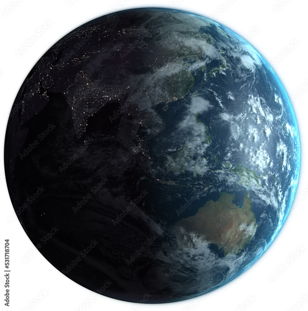 Wall mural image of planet earth with change from day to night and illuminated city lights