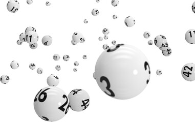 Image of falling white numbered lottery or bingo balls - obrazy, fototapety, plakaty