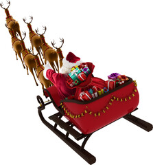 Image of rear view of santa with presents in christmas sleigh pulled by group of reindeer - obrazy, fototapety, plakaty