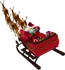 Fotobehang Image of rear view of santa with presents in christmas sleigh pulled by group of reindeer © vectorfusionart