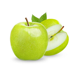 Fresh green apple with leaves isolated on white background