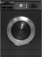 Vertical image of grey washing machine with led clock on control panel