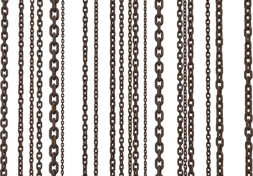 Image of lengths of industrial welded chain hanging vertically in parallel lines