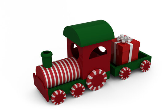 Image of green, red and white toy train transporting red christmas gift with white bow