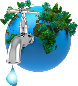 Vertical image of globe with trees and tap with single drop of water