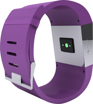 Vertical image of smartwatch with purple bracelet, showing wrist contact sensors