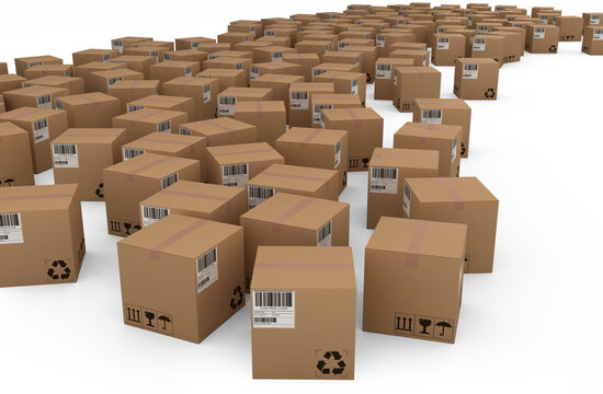 Image of large group of sealed, labelled, barcoded cardboard boxes ready for transportation