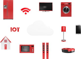 Image of network of red domestic appliances, home, wi fi and iot text connected to cloud symbol