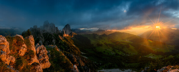 dramatic sunset panorama at the rugged peaks of Gastlosen in the alpine foothills of Fribourg