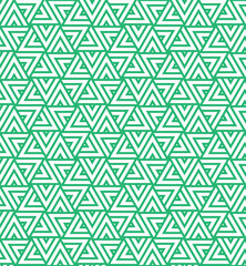 Rotation of maze triangle pattern on white background. Colorful abstract art. Green stripe triangle shape on white backdrop.