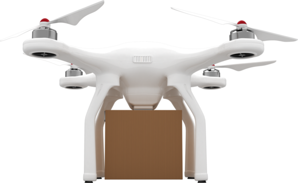 Image of white quadcopter unmanned aerial drone carrying box for delivery