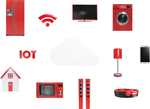 Image of network of red domestic appliances, home, wi fi and iot text connected to cloud symbol - Powered by Adobe
