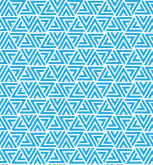 Rotation of maze triangle pattern on white background. Colorful abstract art. Blue stripe triangle shape on white backdrop.