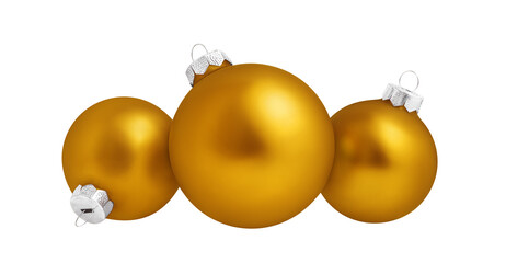 Christmas ornaments isolated on white background. Three gold christmas balls