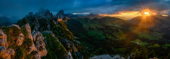 dramatic sunset panorama at the rugged peaks of Gastlosen in the alpine foothills of Fribourg