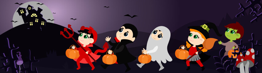 Little children vampire, zombie, ghost, witch, devil go to the castle on the mountain. The child is very sweet and is holding a gourd-shaped basket. Panorama with Halloween characters.