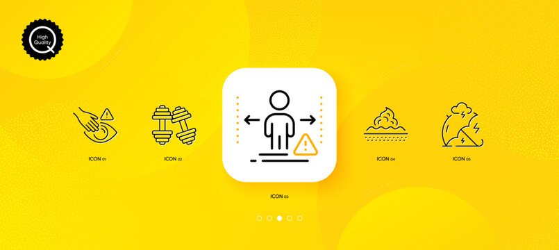 Stress protection, Dont touch and Skin care minimal line icons. Yellow abstract background. Dumbbells, Social distance icons. For web, application, printing. Vector
