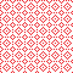 Red cross-stitch knitting pattern on white background. Red square dots on white backdrop. Fabric pattern design for sale. Knitting handicraft art.