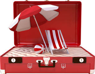 Image of deckchair, beach umbrella and beach ball on sandy beach in open suitcase