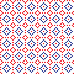 Red and blue cross-stitch knitting pattern on white background. Red and blue square dots on white backdrop. Fabric pattern design for sale. Knitting handicraft art.