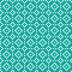 Fototapeta na wymiar White cross-stitch knitting pattern on blue background. White square dots on backdrop. Fabric pattern design for sale. Knitting handicraft art.