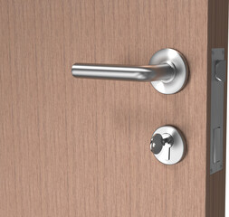 Image of key in door lock of wooden door with metal door handle