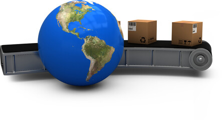 Image of globe and labelled, barcoded cardboard boxes on conveyor belt, ready for transportation