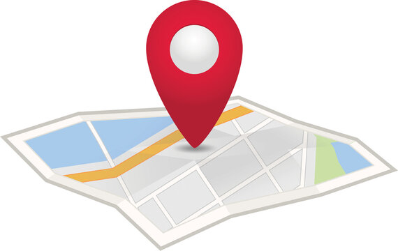Image of red geo locator, digital map pin icon, showing location on street map