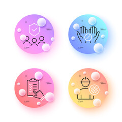 Medical tablet, Engineer and Checklist minimal line icons. 3d spheres or balls buttons. People insurance icons. For web, application, printing. Vector