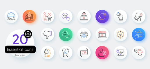 Simple set of Search puzzle, Cyber attack and Market seller line icons. Include Edit user, Loyalty star, Dislike hand icons. Video conference, Dental insurance, Stop shopping web elements. Vector