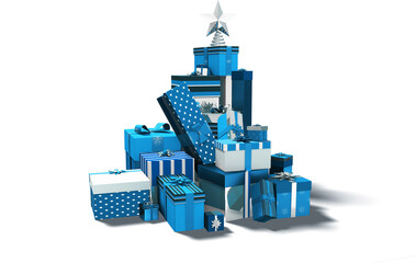 Image of a stack of wrapped christmas gifts in blue, white and silver boxes, with silver star on top