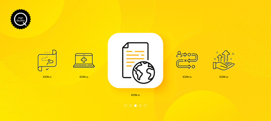 Fototapeta na wymiar Target path, Medical help and Journey path minimal line icons. Yellow abstract background. Analysis graph, Internet document icons. For web, application, printing. Vector