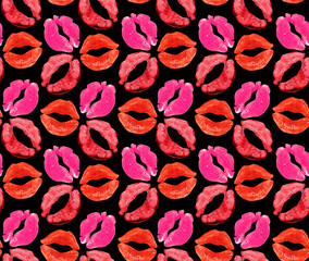 Lips for decoration on a black background. Holiday seamless pattern.