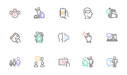 Fototapeta premium Voting campaign, Video conference and Face id line icons for website, printing. Collection of People voting, Friends chat, Weariness icons. Wallet, Move gesture, Strategy web elements. Vector