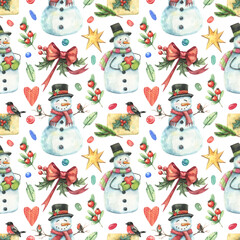 Christmas, New Year pattern with cute cartoon snowmen, gifts and holiday decor drawn in watercolor. New Year, Christmas festive watercolor background. Texture for wrapping paper.