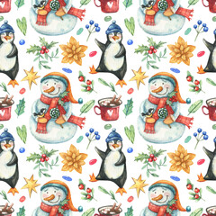 Naklejka premium Christmas, New Year's pattern with cute cartoon snowmen, penguins, and holiday decor, painted in watercolor. New Year, Christmas festive watercolor background. Texture for wrapping paper.