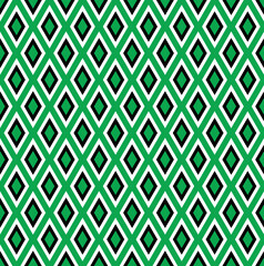 Black and white stroke diamond shape pattern on green background. Colorful geometrical pattern. Seamless modern diamond shape design.