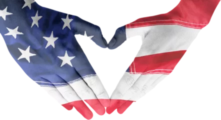 Rolgordijnen Image of two hands painted with the flag of america making a heart shape © vectorfusionart