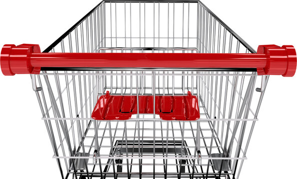 Image of empty supermarket shopping trolley with red plastic handle