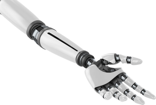 Image of white metal robot arm with outstretched open hand