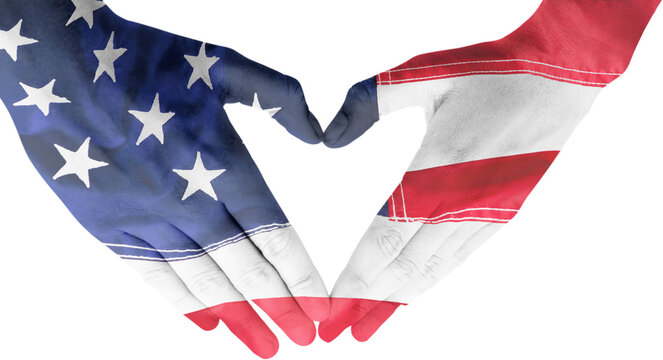 Image of two hands painted with the flag of america making a heart shape