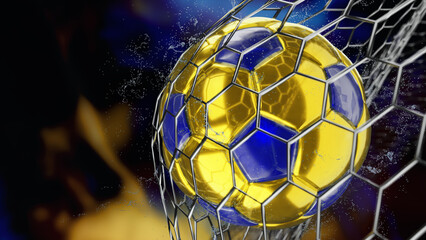 goal of gold and blue soccer ball in gate on a black background. 3d rendering