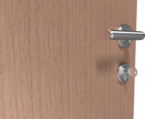 Image of key inserted in door lock of wooden door with metal handle