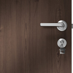 Image of key on metal house key fob inserted in door lock of wooden door