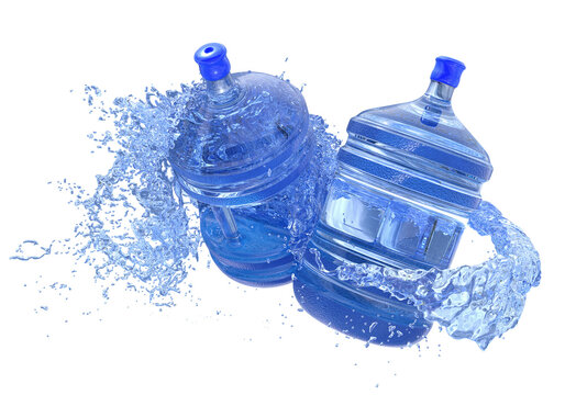 big water bottles in water splash isolated on white background. 3d rendering
