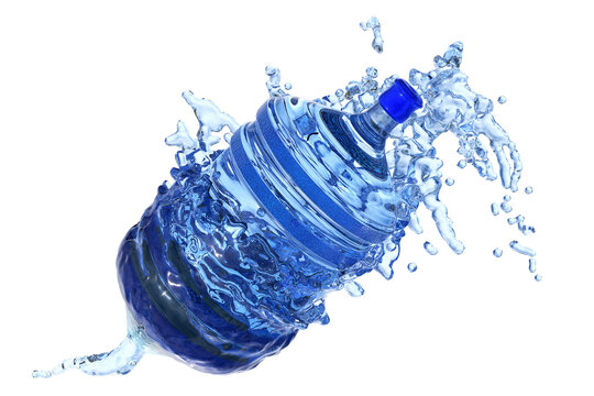 big water bottle in water splash isolated on white background. 3d rendering