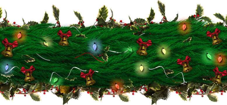 Image of christmas tree wreath detail with bell and holly decorations and colourful fairy lights