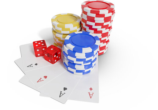 Image of gaming dice, stacked poker chips and playing cards